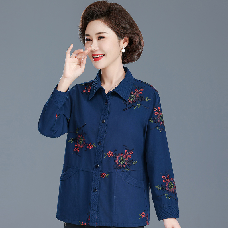 Spring and Summer Embroidered Pure Cotton Shirt for Middle-Aged and Elderly Women, 20226 New Style, All-Cotton Cardigan, Versatile Plus-Size Shirt