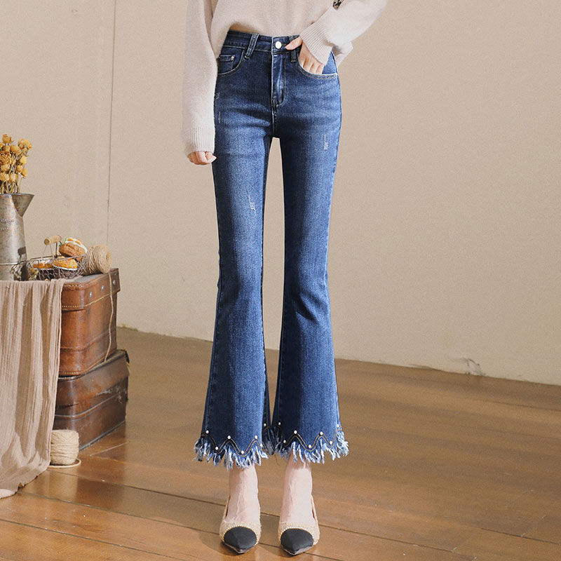 Raw Edge Tassel Beaded Denim Flared Pants for Women 2026 Spring and Summer New High-Waisted Stretchy Cropped Pants Slim Fit Bell-Bottom Pants