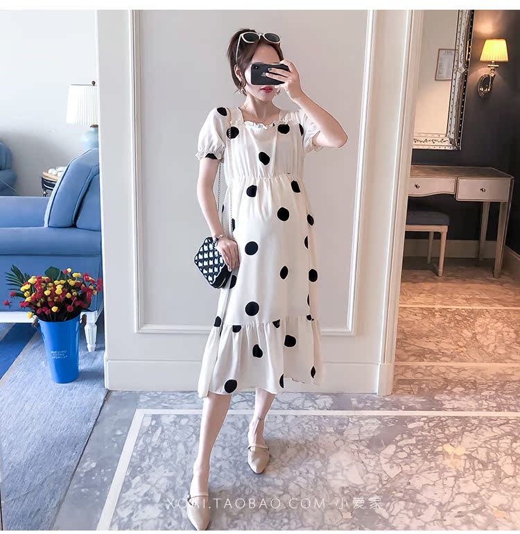 Bà bầu mùa hè 2019 mẫu thời trang mới thủy triều mẹ sóng điểm hè hè tay ngắn mang bầu cho bà bầu váy dài qua đầu gối - Áo thai sản váy bầu mùa hè