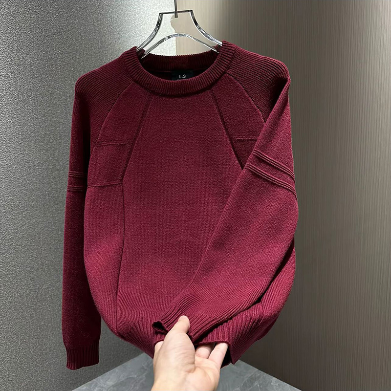 New Autumn and Winter Red Sweater for Men, Round Neck Knitwear, Simple and High-End, Solid Color, Trendy Youth Inner Wear Sweater