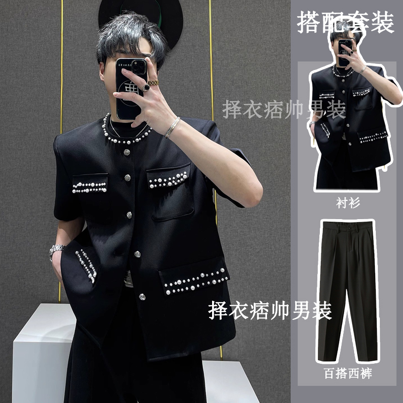 2025 New Summer Style Pearl Small Fragrant Shirt Jacket Men's Handsome Korean Style High-End Hairstylist Wear Trend
