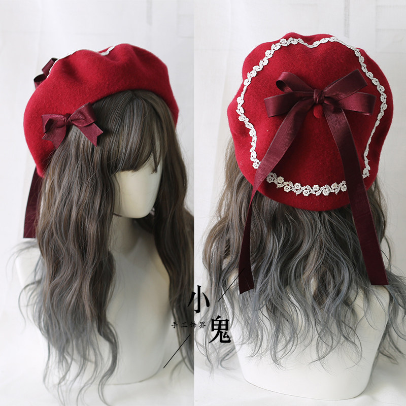 7722 Women Girls Sweet Lolita Beret Hat With Detachable Bowknot Painter Hat Lolita Girl Original Fashion Warm Handwork Hat Cute Bowknot  main image 3