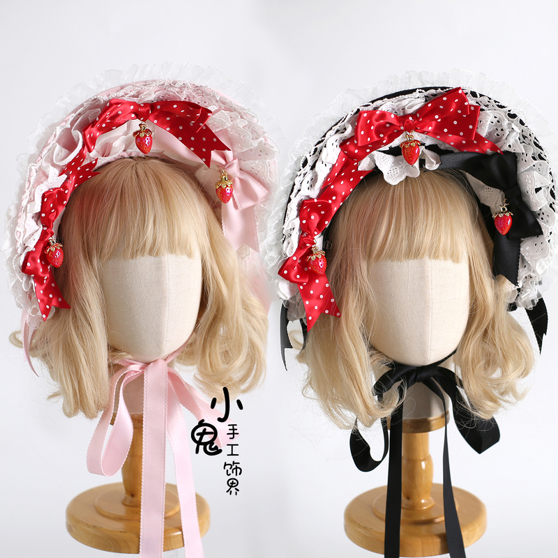 Original Polka Dot Strawberry Pink Lolita Bonnet Headwear, Polka Dot Sweet Strawberry Cake Hair Accessory Original Polka Dot Strawberry Pink Lolita Bonnet Headwear, Polka Dot Sweet Strawberry Cake Hair Accessory
