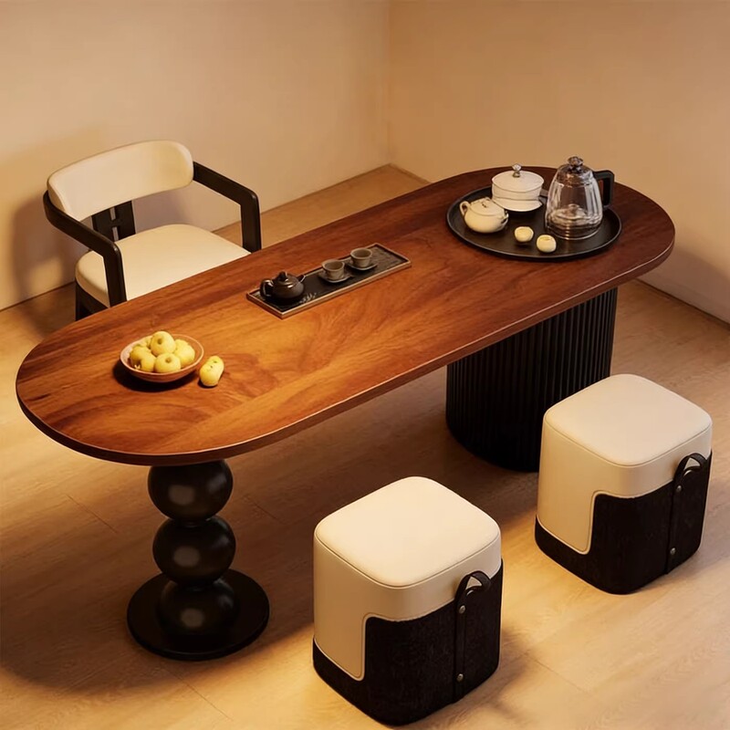 2026 New High-End Mid-Century Style Walnut Tea Table and Tea Station Integrated Table Office Tea Brewing Station Solid Wood Large Board Table