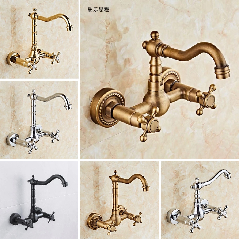 European-Style All-Copper Antique Gold Wall-Mounted Retro Wooden Barrel Double-Hole Kitchen Laundry Sink Basin Rotating Hot and Cold Water Faucet
