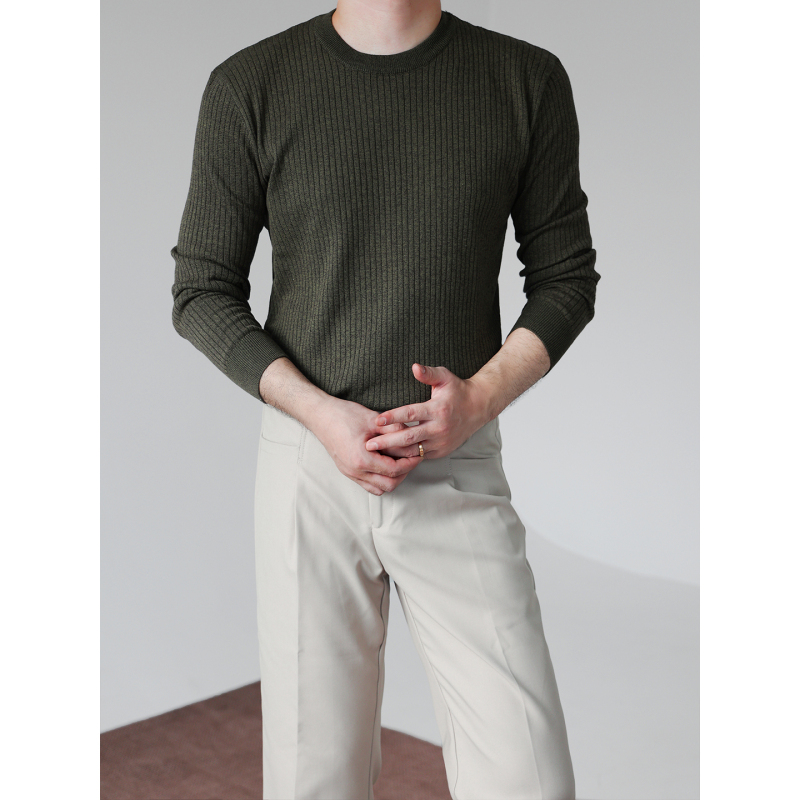Autumn and Winter Vertical Texture Round-Neck Knit Sweater for Men, Long-Sleeved, Warm, Versatile, Elegant Old Money Style Base Sweater