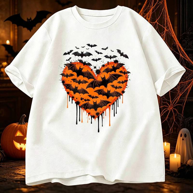 Halloween Creative Heart-Shaped Bat T-Shirt Loose Round Neck Short Sleeve Top Men's Holiday Clothing