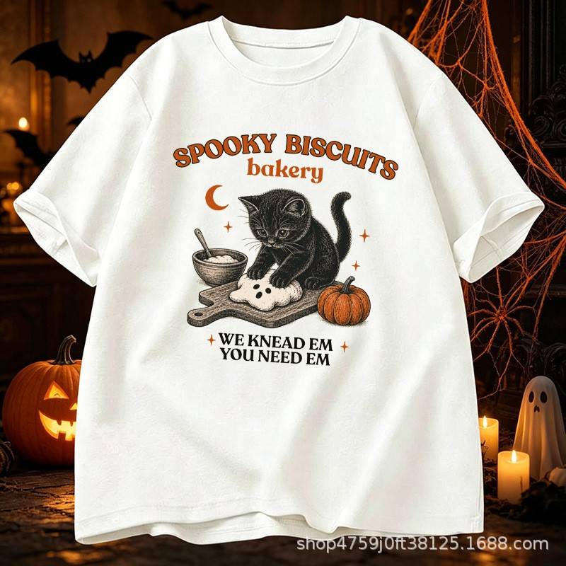 Black Cat Pumpkin Halloween T-Shirt Short Sleeve Funny Pun Ghost Top Milk Silk Summer Unisex Style Clothing