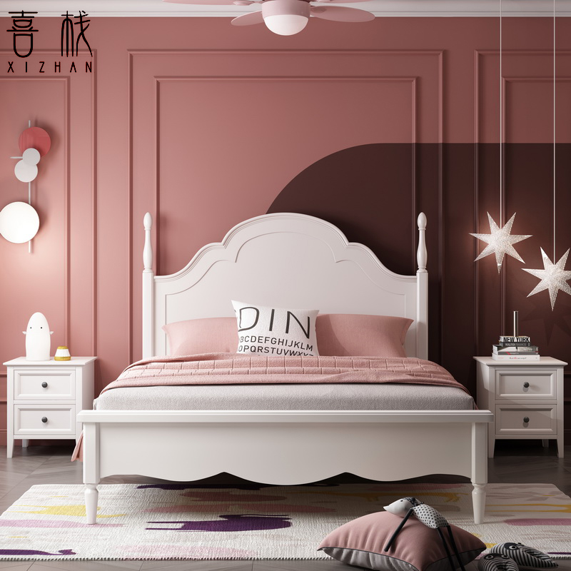 American children's bed girl house full solid wood princess bed master bedroom 1 8m double bed 1 m 5 minimalist white single bed 
