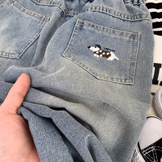 French-Style Boys' Spring and Autumn Jeans, Stylish Cartoon Soft Pants for Young Children, Handsome Long Pants for Little Boys, Casual