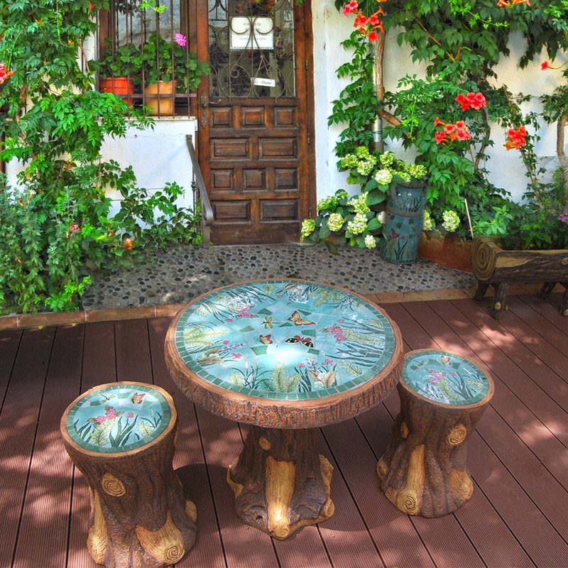 Outdoor Table Chairs Suit Ceramic Mosaic Tree Roots Casual Tea Table Three Sets Of Table And Chairs Landscape Decoration