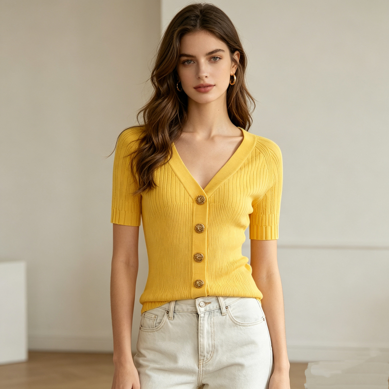 Balmain Gina 2026 Summer New Style Chanel-Inspired V-Neck Gold Button Knit Cardigan Slim Fit Short Top