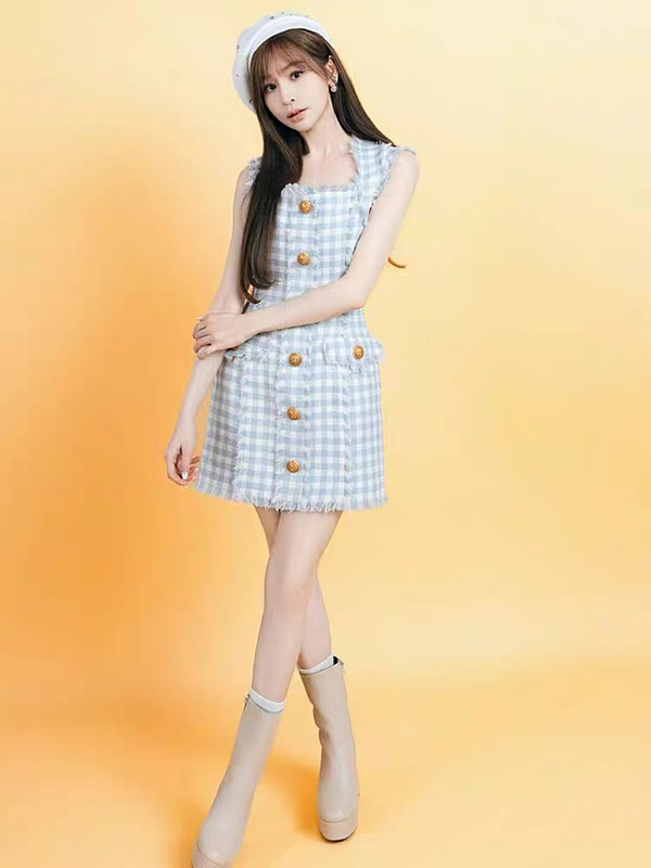 Balmain Contrasting Color Plaid Tweed Vest Dress for Women, Summer Short Dress with Raw Edges and Waist-Cinching Design for Petite Figures