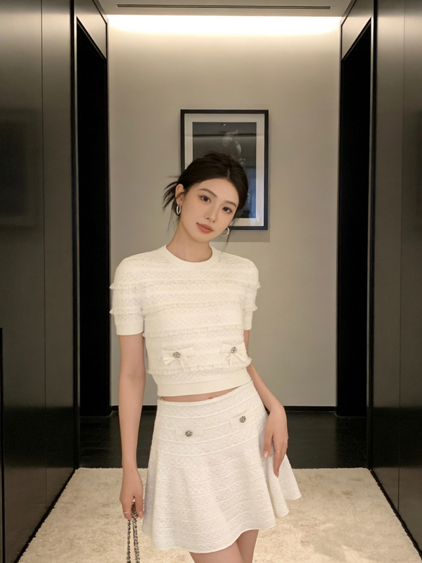 Balmanjina 2026 Summer New Hollow-Out Pullover Knit Top Round Neck Short-Sleeve Versatile Top and Skirt