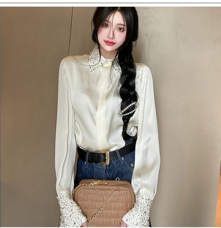 Balmanjina Miu Miu Satin High-End Shirt with Lapel, Hand-Embellished with Diamonds, Long-Sleeved Versatile Top