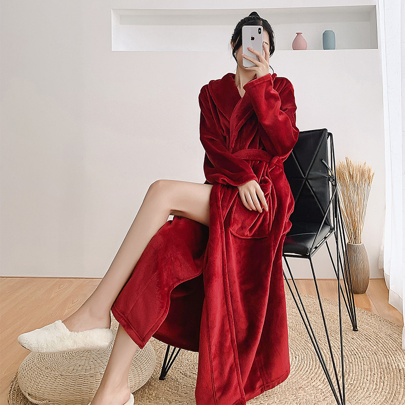 2022 lovers men and women coral fleece nightgown autumn and winter lengthened and thickened pajamas flannel bathrobe large size home service