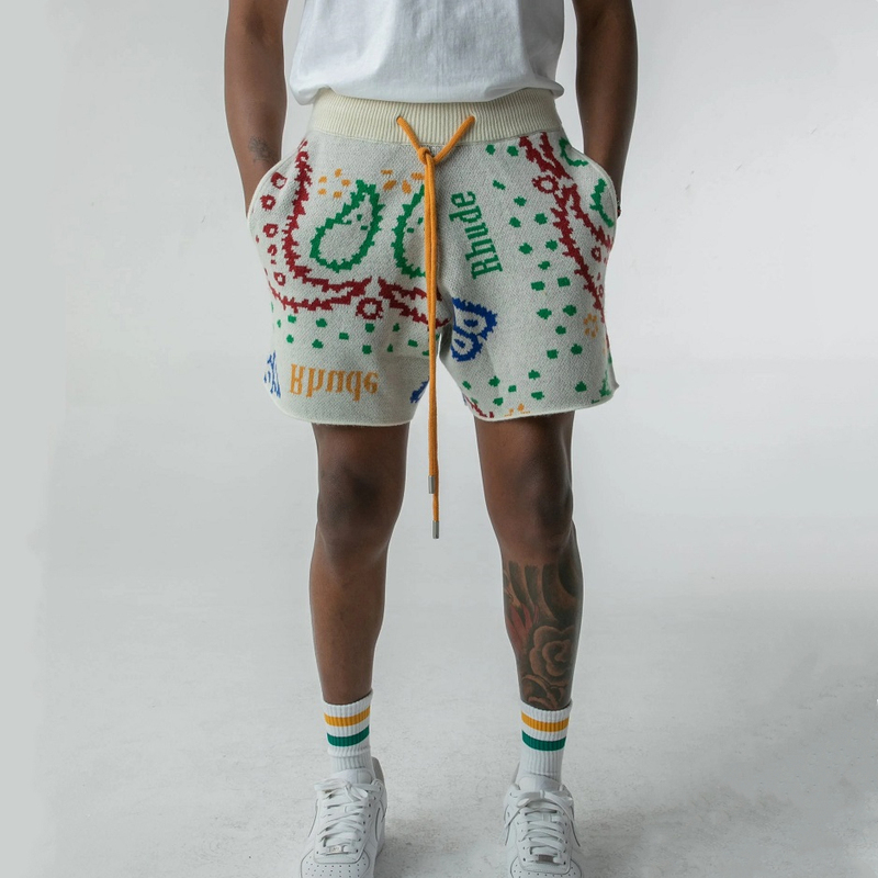 Rhude 22Ss Letter Paisley Jacquard Drawstring Shorts American High Street Retro Casual Five-Point Shorts for Men Rhude 22Ss Letter Paisley Jacquard Drawstring Shorts American High Street Retro Casual Five-Point Shorts for Men