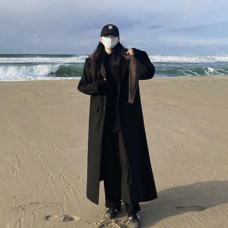 Trendy Winter Style College Spring and Autumn New Retro Double-Breasted Black Thick Woolen Coat Long Overcoat for Women