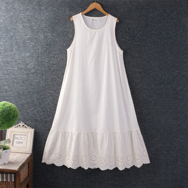 Solid color cotton and linen tank top loose dress
