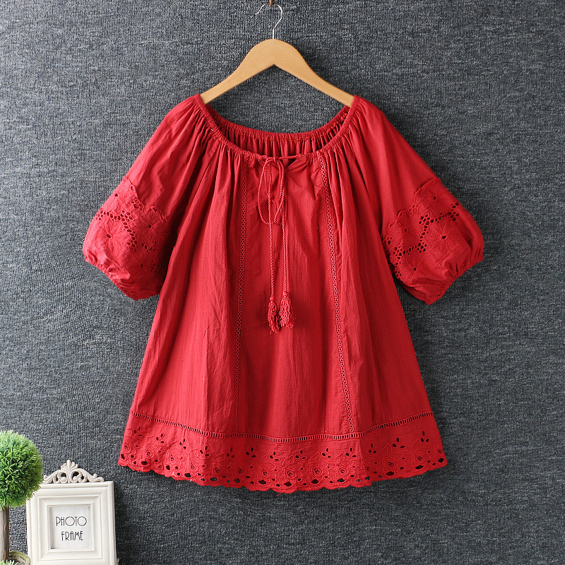 New Summer Clothes, Sweet and Fresh, Lace-Up Round Neck, Cut Out Embroidered Pullover, Short-Sleeved Cotton Top New Summer Clothes, Sweet and Fresh, Lace-Up Round Neck, Cut Out Embroidered Pullover, Short-Sleeved Cotton Top