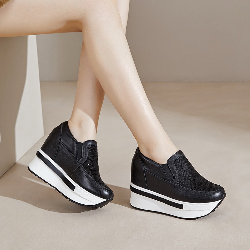Korean Style Genuine Leather Height-Increasing 10cm Casual Shoes for Women, Summer Cowhide Thick-Soled Wedge Slip-On White Shoes