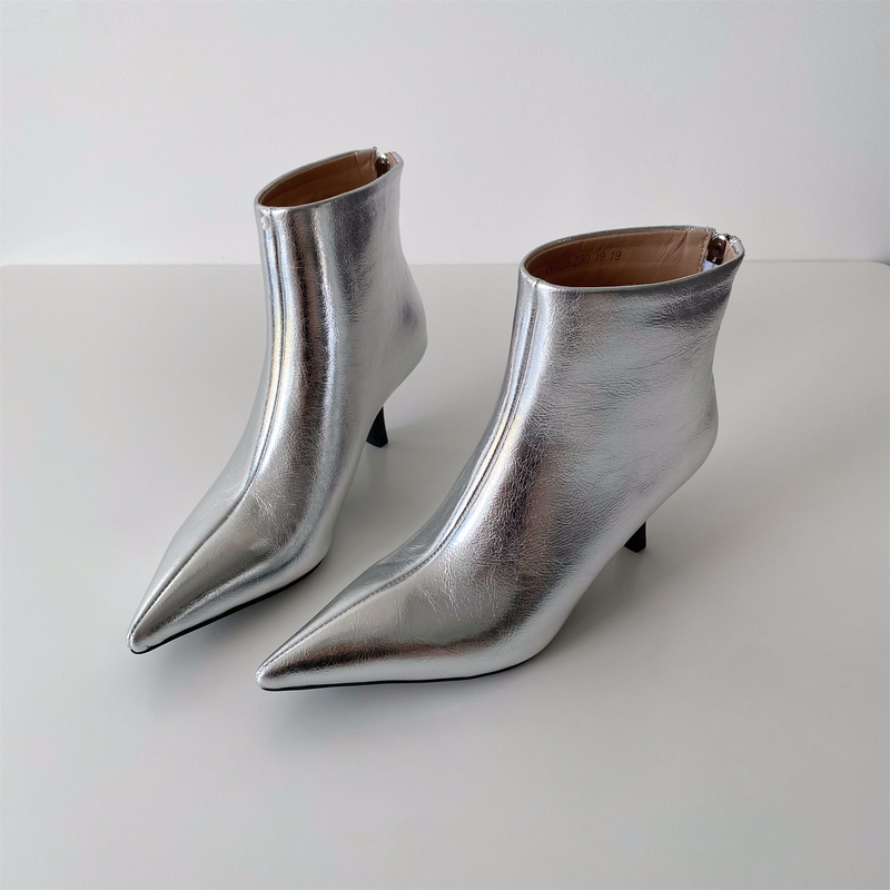 Big Bottle, Absolutely Stunning! Slimming Pointed-Toe High-Heeled Fashion Short Boots for Women, Short Genuine Leather Stiletto Heel, Slim Elastic Single Boots