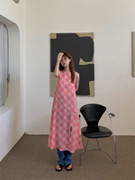 Hamong 21SS Korean style slim plaid slit dress round neck versatile chiffon layered vest skirt for women