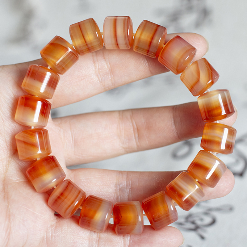 Natural Red and Black Agate Straight-Cut Bracelet for Men and Women, Couples, Best Friends, Old-Style Agate Bracelet, Barrel Beads, Prayer Beads, Single Circle 8-13