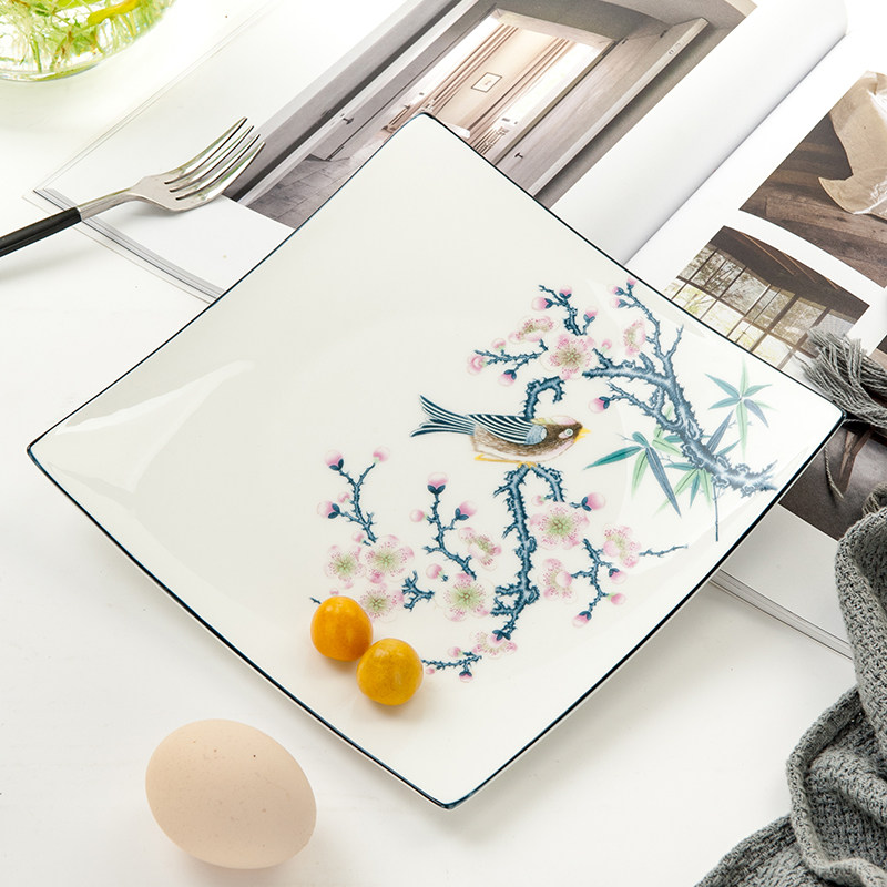 Bone china square plate plate household ceramic tableware 8-inch Guilong Western dinner plate steak plate with gold edge square plate