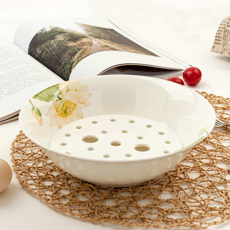 New Pint Tangshan Bone China 9 Inch Double Drain Bowl Water Dumplings Home Creative Ceramic Round Double Layer Water Large Bowl