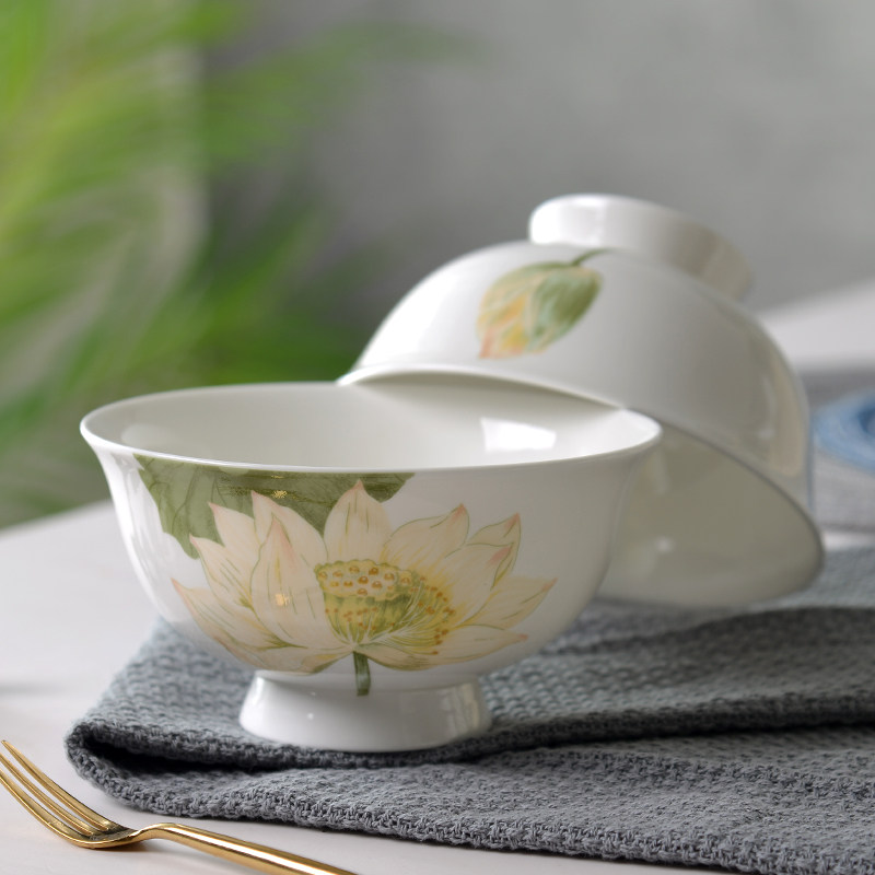 Tangshan Bones Porcelain Tableware 5 Inch Bowl High Bottom Foot Rice Bowl Ceramic Bowl High Foot Bowl High Foot Bowl Not Scalding Hand Soup Bowl