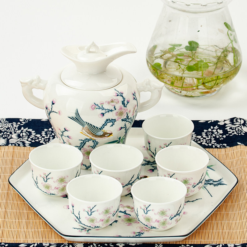 Bone China 8 Heads Wine Furniture Group Sets Green Sparkling Wine Pot Chinese Home Liquor Furniture Group Gift Box Packaging