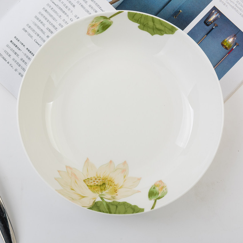 Household Tangshan bone china 7 5 inch dinner plate deep plate plate practical Chinese lotus round 7 5 soup plate fruit plate