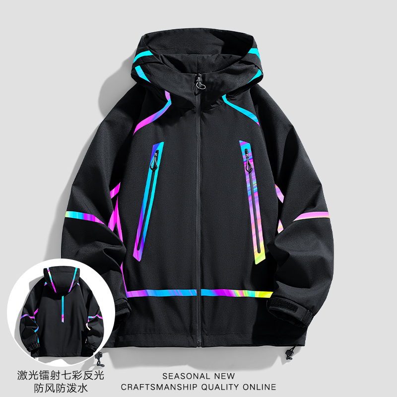 New Men's Jacket for Autumn and Winter, Hooded Windbreaker, Loose Casual Versatile Couple Laser Reflective Student Autumn Coat
