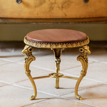 Harvest Lodge American Small Round Stool Tea Table Comeback Ancient Light Lavish Brass Solid Wood Short Stool Home High-end Lavish Changing Shoes Stool