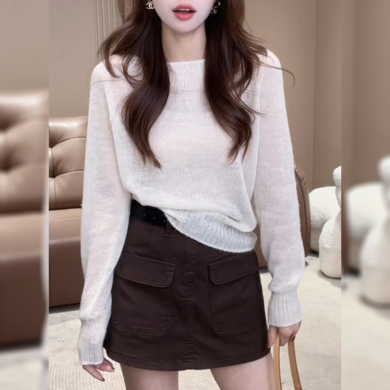 Off-White Thin Long-Sleeved Knit Sweater for Women, Early Autumn Outerwear, 2026 New Korean Style Loose Base Shirt Top Off-White Thin Long-Sleeved Knit Sweater for Women, Early Autumn Outerwear, 2026 New Korean Style Loose Base Shirt Top