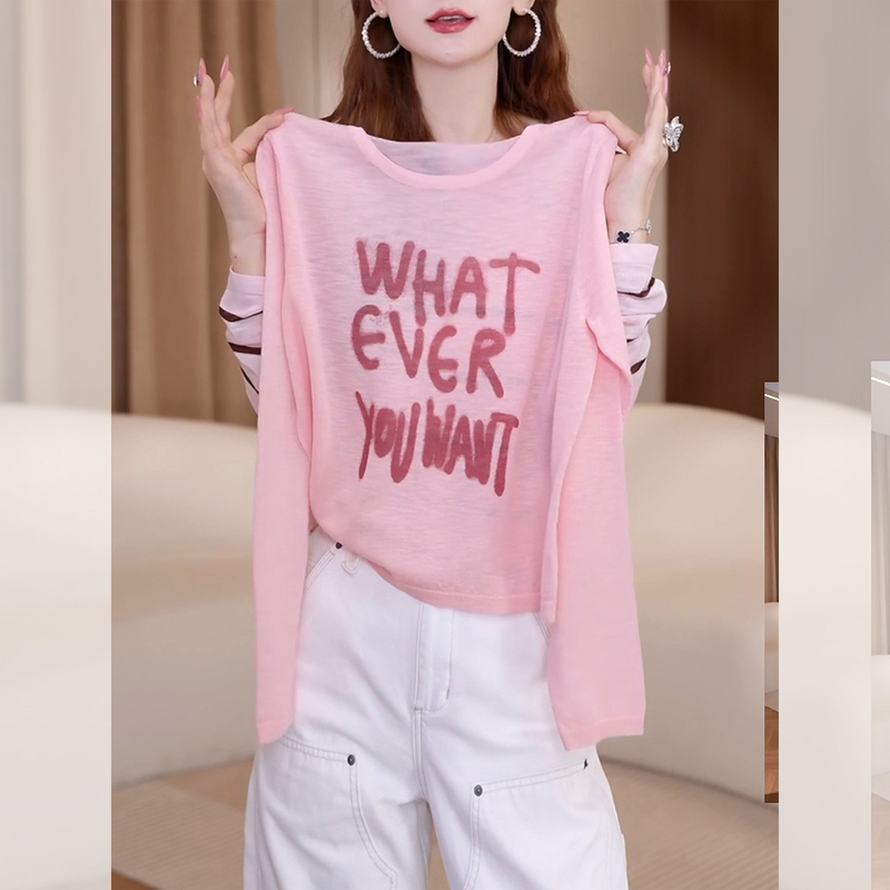 Pink Letter Print Long-Sleeved Knitted T-Shirt for Women, Summer Sun Protection Cover-Up, 2026 New Style, Lazy Style Casual Top Pink Letter Print Long-Sleeved Knitted T-Shirt for Women, Summer Sun Protection Cover-Up, 2026 New Style, Lazy Style Casual Top