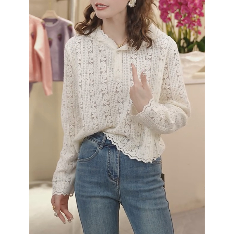 Apricot Crochet Hollow-Out Hooded Knit Sweater for Women, Autumn Lace Base Shirt, 2025 New Long-Sleeve Inner Top