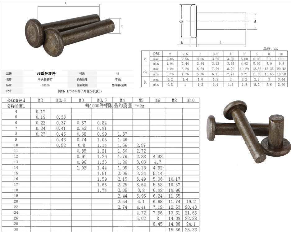 GB109 5MM natural color flat head iron rivets solid hand knocking type M5*6 8 10 12-40 50(1KG)