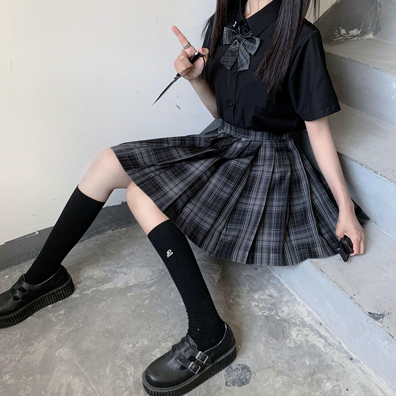 Carbon Gray Jk Uniform Skirt Original Authentic Dark Style Plaid Skirt Hook-K Summer A-Line School Style Suit Short Skirt Rabbit Stitching