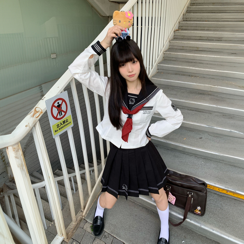 Little Wai's Same Style Houndstooth Kitty Cat Collaboration Waist-Cinching Sailor Uniform Jk Uniform Set Japanese Navy Collar Black and White