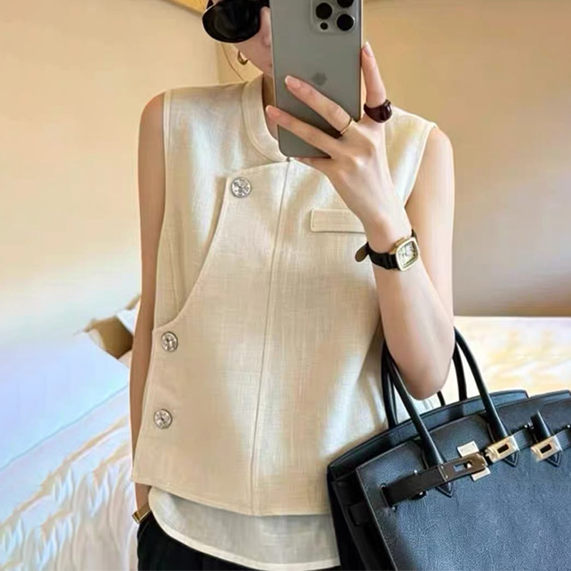 European-Style Design Sleeveless Vest for Women, Thin Style, 2026 Summer Fashion, Stand Collar, Button Decoration, Versatile Slimming Top