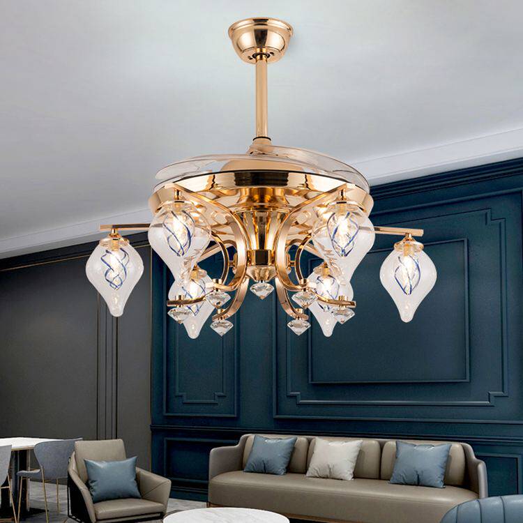 Light luxury ceiling fan lamp European-style crystal living room household invisible fan dining room ceiling fan lamp modern minimalist American chandelier