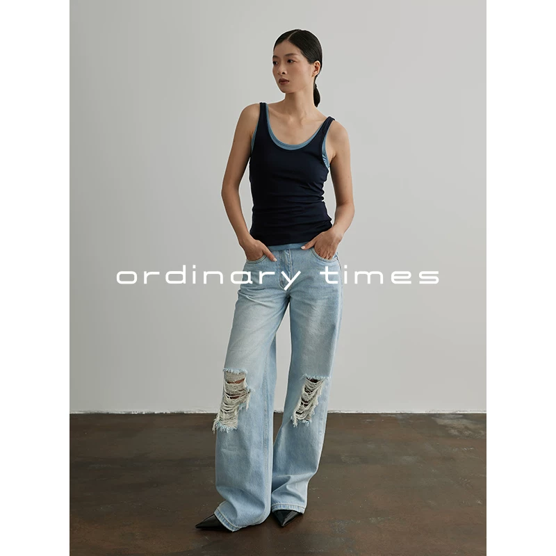 [ORDINARY TIMES 天丝撞色背心外穿修身显瘦真两件式叠穿无袖上衣]