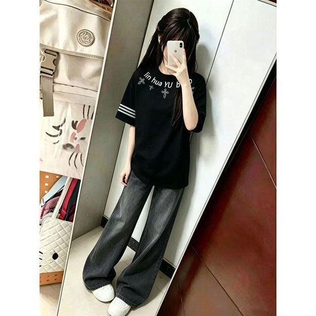 Black New Style Cross Letter Print Girls' T-Shirt and Black-Gray Straight-Leg Wide-Leg Jeans Two-Piece Set