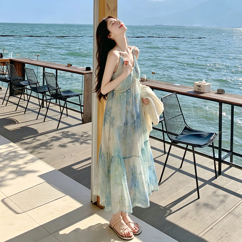 Travel Vacation Dress Set for Women 2026 Summer New Style Super Pretty Seaside Beach Dress Spaghetti Strap Long Dress