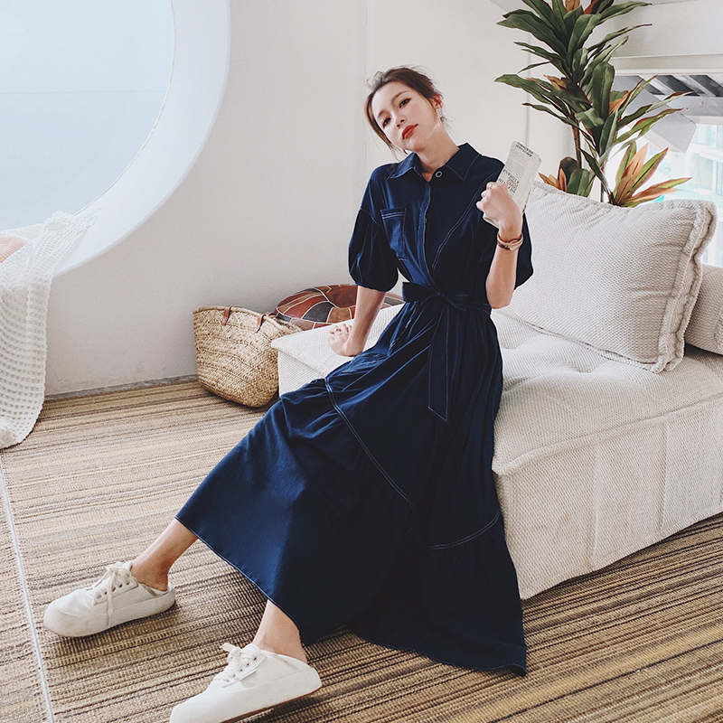 Cool and Drapey Dress, High-End, Niche, Light Luxury, Women's Long Dress, Slimming, Waist-Cinching, Large Hem Dress, Navy Blue Long Dress