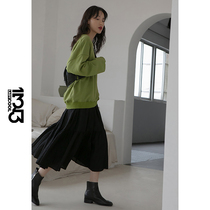 1313 dark wind thin pleated stitching loose A-line large skirt female 2021 autumn high waist black skirt medium and long