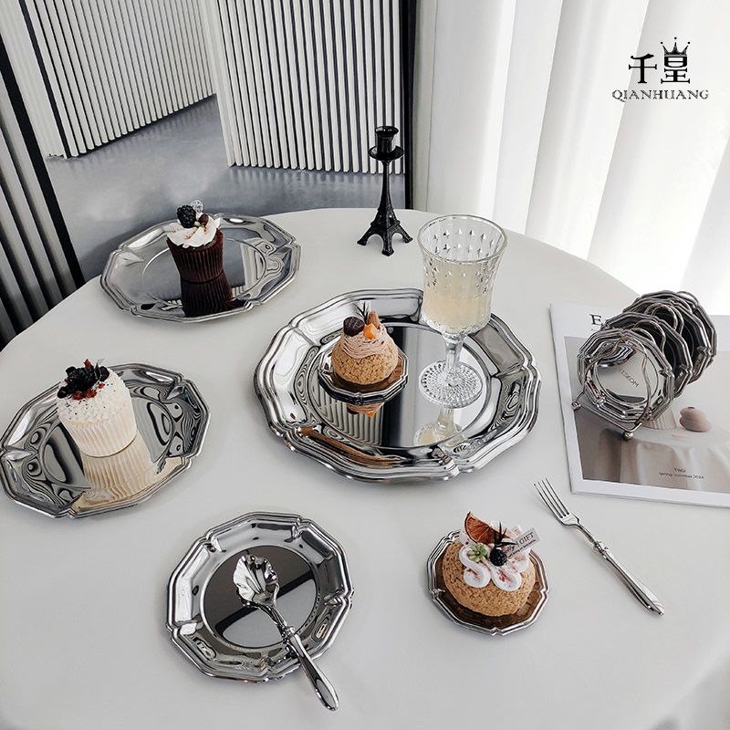Light Luxury ins Style Dessert Table Stainless Steel Pastry Cake Plate Fruit Plate Cosmetics Jewelry Tray Steak Dinner Plate