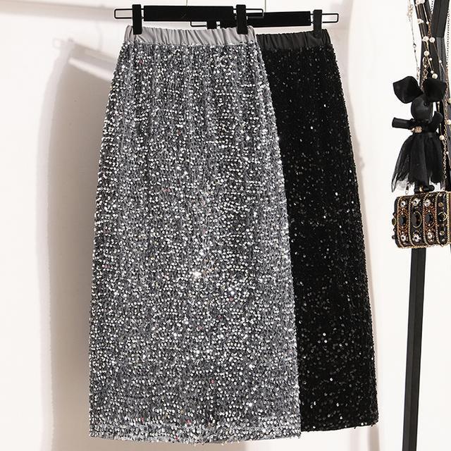 Plus-Size Sequin Skirt for Women, 2024 Spring New Style, High-End Shiny High-Waisted Mid-Length Skirt